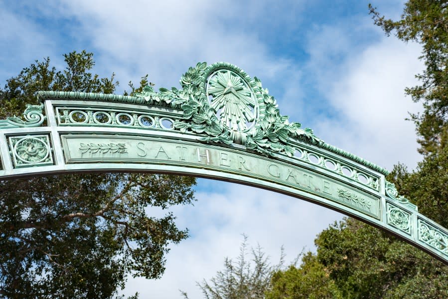 Close-up of metalwork on Sather Gate, the iconic entrance gate to the campus of UC Berkeley in downtown Berkeley, California, October 9, 2018. (Photo by Smith Collection/Gado/Getty Images)