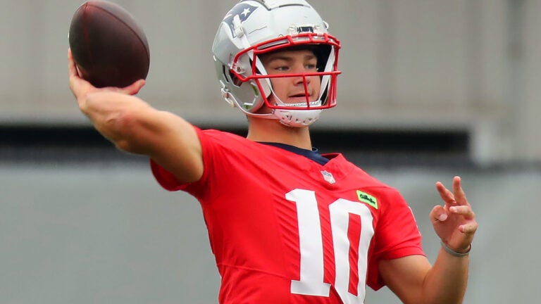 The Patriots held practice at the Gillette Stadium practice field. Drake Maye throws a pass during a drill.