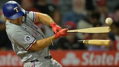 ANAHEIM, CALIFORNIA - SEPTEMBER 27: Wyatt Langford #36 of the Texas Rangers breaks his bat as he files out in the seventh inning against the Los Angeles Angels at Angel Stadium of Anaheim on September 27, 2024 in Anaheim, California.   Jayne Kamin-Oncea/Getty Images/AFP (Photo by Jayne Kamin-Oncea / GETTY IMAGES NORTH AMERICA / Getty Images via AFP)