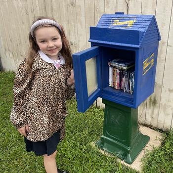 Lily Lavoi, 9, of New Orleans with her finished Free Blockbuster. Her mom, Abby, and her dad, Jeremey, — both of whom work in video production — recently made a documentary, and they decided to put some copies of the film in their Free Blockbuster. To their delight, it was one of the first things people borrowed. 