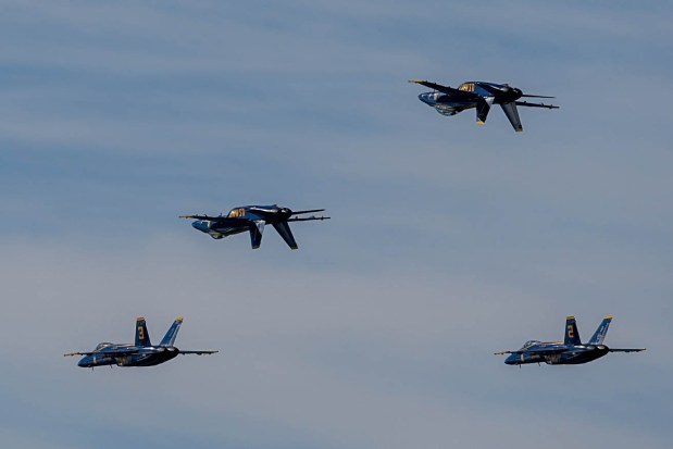 The U.S. Navy Blue Angels fly over the San Francisco Bay as part of the annual Fleet Week, as seen from Treasure Island in San Francisco, Calif., on Friday, Oct. 11, 2024. The air show and other attractions continue on Oct. 12 and 13. (Ray Chavez/Bay Area News Group)