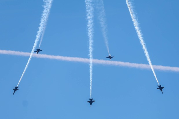 The U.S. Navy Blue Angels fly over the San Francisco Bay as part of the annual Fleet Week, as seen from Treasure Island in San Francisco, Calif., on Friday, Oct. 11, 2024. The air show and other attractions continue on Oct. 12 and 13. (Ray Chavez/Bay Area News Group)