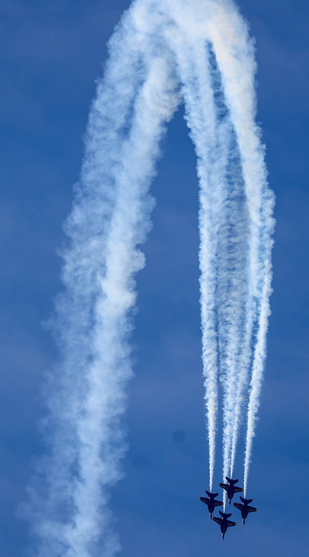 The U.S. Navy Blue Angels fly over the San Francisco Bay as part of the annual Fleet Week, as seen from Treasure Island in San Francisco, Calif., on Friday, Oct. 11, 2024. The air show and other attractions continue on Oct. 12 and 13. (Ray Chavez/Bay Area News Group)