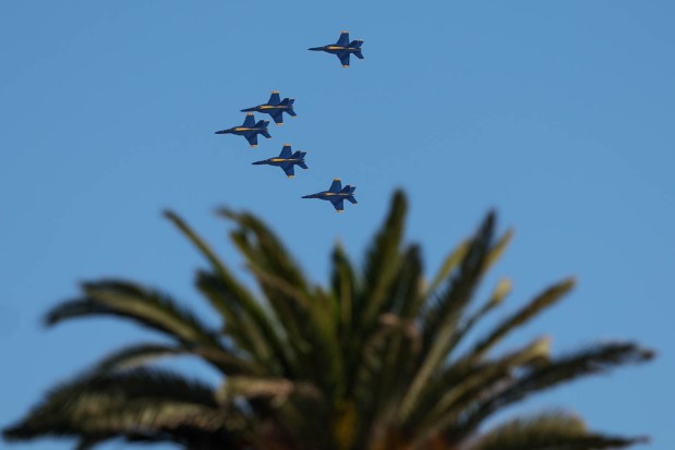 The U.S. Navy Blue Angels fly in formation over the San Francisco Bay as part of the annual Fleet Week, as seen from Treasure Island in San Francisco, Calif., on Friday, Oct. 11, 2024. The air show and other attractions continue on Oct. 12 and 13. (Ray Chavez/Bay Area News Group)