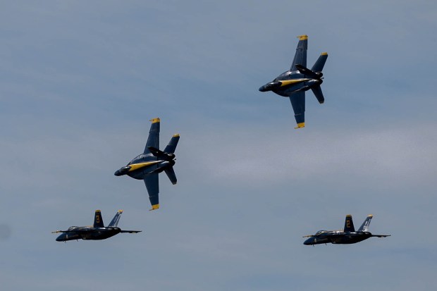 The U.S. Navy Blue Angels fly over the San Francisco Bay as part of the annual Fleet Week, as seen from Treasure Island in San Francisco, Calif., on Friday, Oct. 11, 2024. The air show and other attractions continue on Oct. 12 and 13. (Ray Chavez/Bay Area News Group)