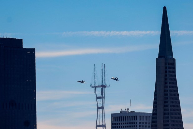 The U.S. Navy Blue Angels fly in formation over the San Francisco Bay as part of the annual Fleet Week, as seen from Treasure Island in San Francisco, Calif., on Friday, Oct. 11, 2024. The air show and other attractions continue on Oct. 12 and 13. (Ray Chavez/Bay Area News Group)