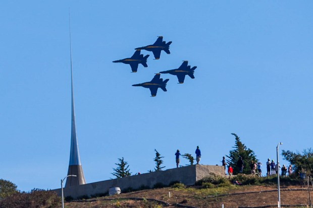 The U.S. Navy Blue Angels fly over the San Francisco Bay as part of the annual Fleet Week, as seen from Treasure Island in San Francisco, Calif., on Friday, Oct. 11, 2024. The air show and other attractions continue on Oct. 12 and 13. (Ray Chavez/Bay Area News Group)