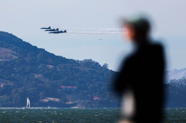 The U.S. Navy Blue Angels fly in formation over the San Francisco Bay as part of the annual Fleet Week, as seen from Treasure Island in San Francisco, Calif., on Friday, Oct. 11, 2024. The air show and other attractions continue on Oct. 12 and 13. (Ray Chavez/Bay Area News Group)