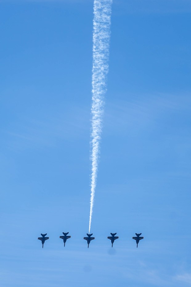 The U.S. Navy Blue Angels fly over the San Francisco Bay as part of the annual Fleet Week, as seen from Treasure Island in San Francisco, Calif., on Friday, Oct. 11, 2024. The air show and other attractions continue on Oct. 12 and 13. (Ray Chavez/Bay Area News Group)