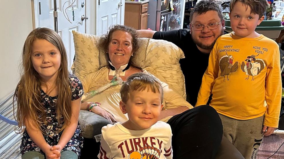 April Kerner, from Frederick, Md., was diagnosed with ALS in December 2022. Pictured with her husband, Bill (second from right) and her children (L-R): Ava, Jax and Ryker.