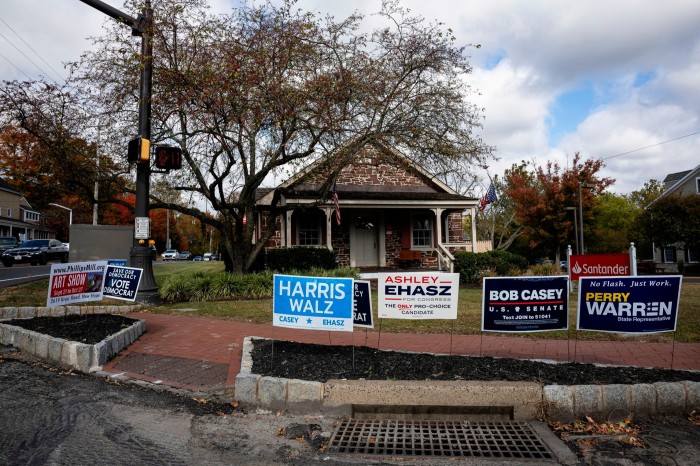 Campaign signs for the Harris-Walz presidential ticket and various Pennsylvania Democratic down-ballot candidates are seen in Washington Crossing, Pa