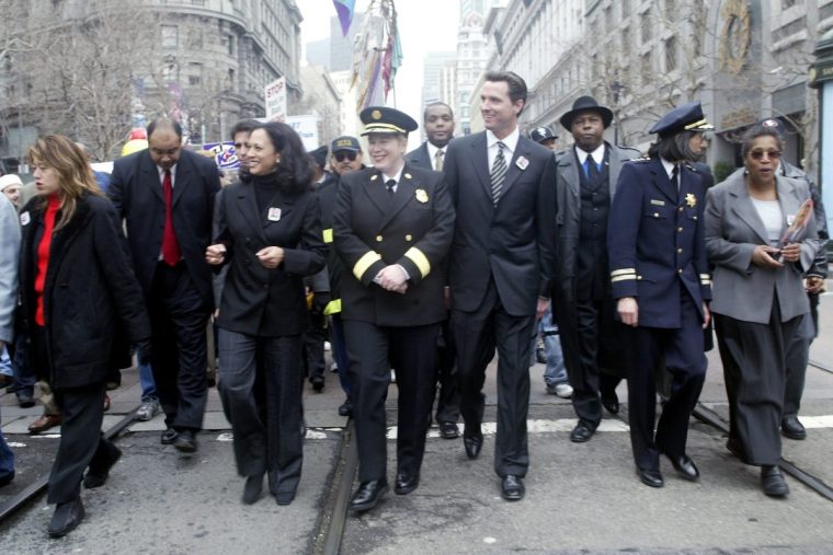 MLKPICBOX20_071LH.JPG Several hundred people attended the annual Martin Luther King, Jr. Freedom March from 4th and Townsend streets to the Bill Graham Civic Auditorium. left to right--District attorney Kamala D. Harris, new fire chief Joanne Hayes White (check name), Mayor Newsom, police chief Heather Fong (check name). Shot on 1/19/04 in San Francisco. LIZ HAFALIA / The Chronicle (Photo By LIZ HAFALIA/The San Francisco Chronicle via Getty Images)