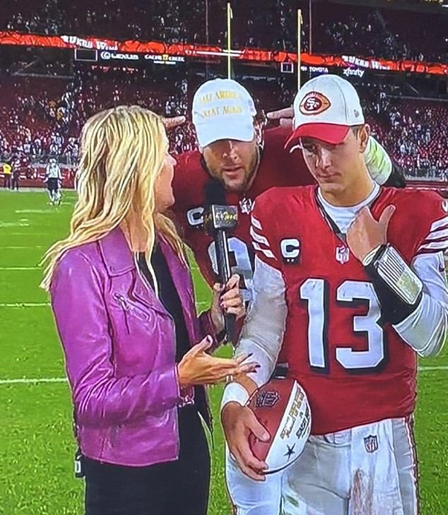 San Francisco 49ers star Nick Bosa (center) wore a MAGA cap live on NBC Sunday night