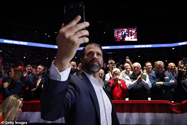 Donald Trump Jr. came on stage at the event. 'Today when you wake up with not very much sleep, you¿ve got to get to the polls,' he said