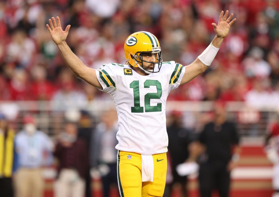 Aaron Rodgers #12 of the Green Bay Packers celebrates after a touchdown during the second quarter against the San Francisco 49ers in the game at Levi's Stadium on September 26, 2021 in Santa Clara, California.