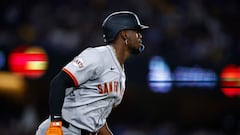 LOS ANGELES, CALIFORNIA - APRIL 02: Jorge Soler #2 of the San Francisco Giants hits a home run against the Los Angeles Dodgers in the sixth inning at Dodger Stadium on April 02, 2024 in Los Angeles, California.   Ronald Martinez/Getty Images/AFP (Photo by RONALD MARTINEZ / GETTY IMAGES NORTH AMERICA / Getty Images via AFP)