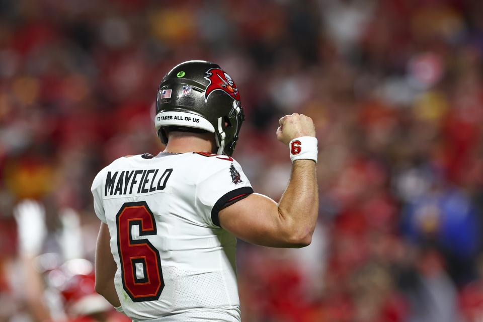 Baker Mayfield of the Tampa Bay Buccaneers celebrates