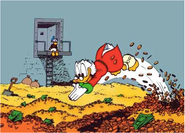 A cartoon duck wearing a red coat dives into a pile of coins, while another duck observes from a distance near a ladder.