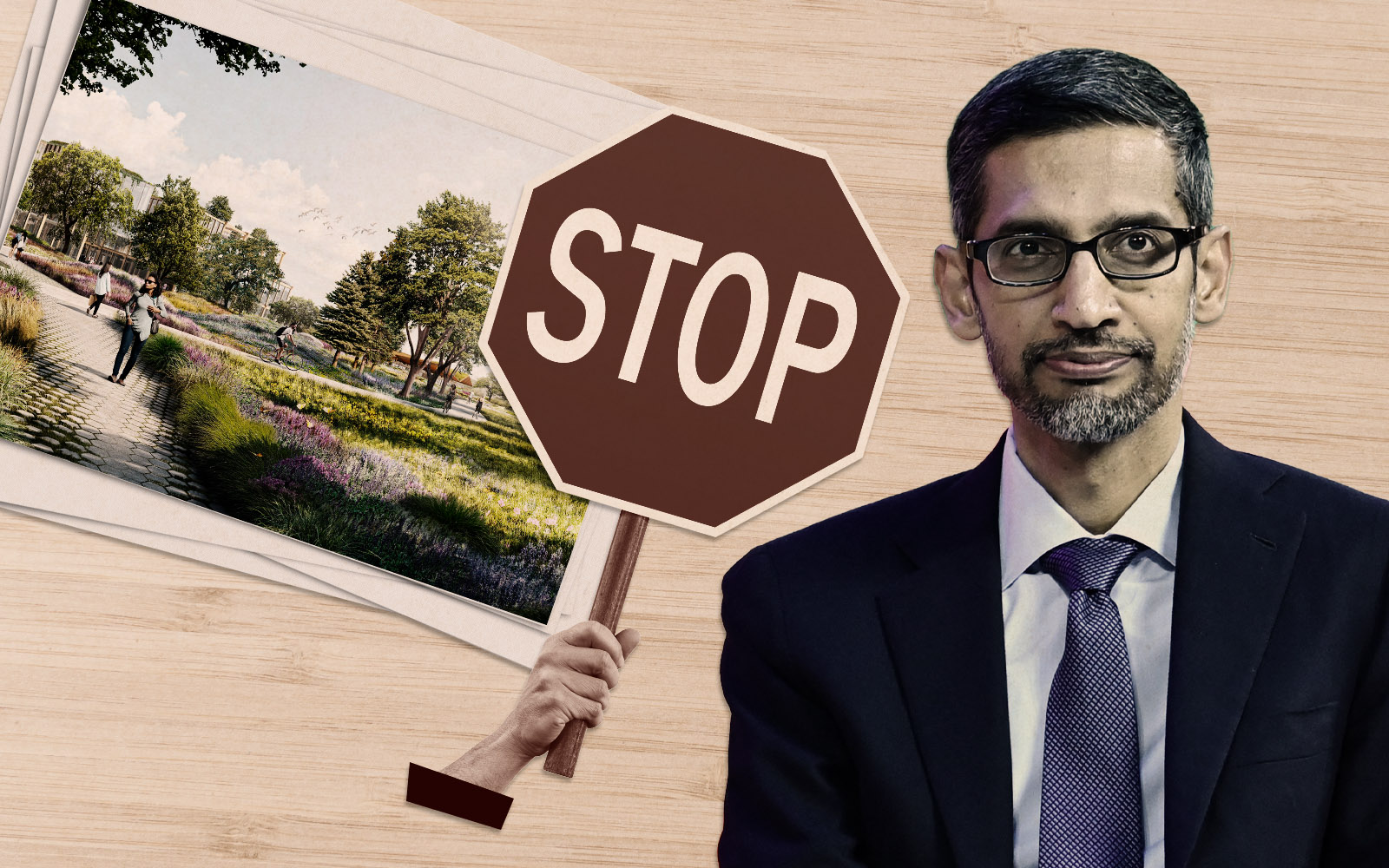 Google's Sundar Pichai; rendering of Downtown West (Getty, SITELAB urban studio)