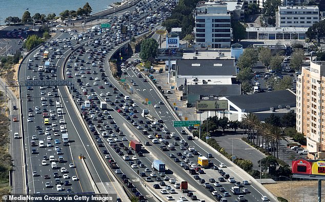 Traffic clutters an Oakland, California roadway in this stock image. The city was ranked the worst place to drive in America