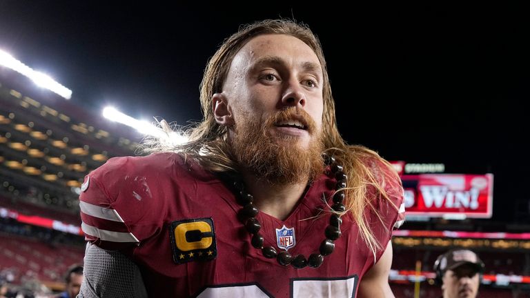 San Francisco 49ers tight end George Kittle walks off the field after an NFL football game against the Dallas Cowboys in Santa Clara, Calif., Sunday, Oct. 27, 2024. (AP Photo/Tony Avelar)