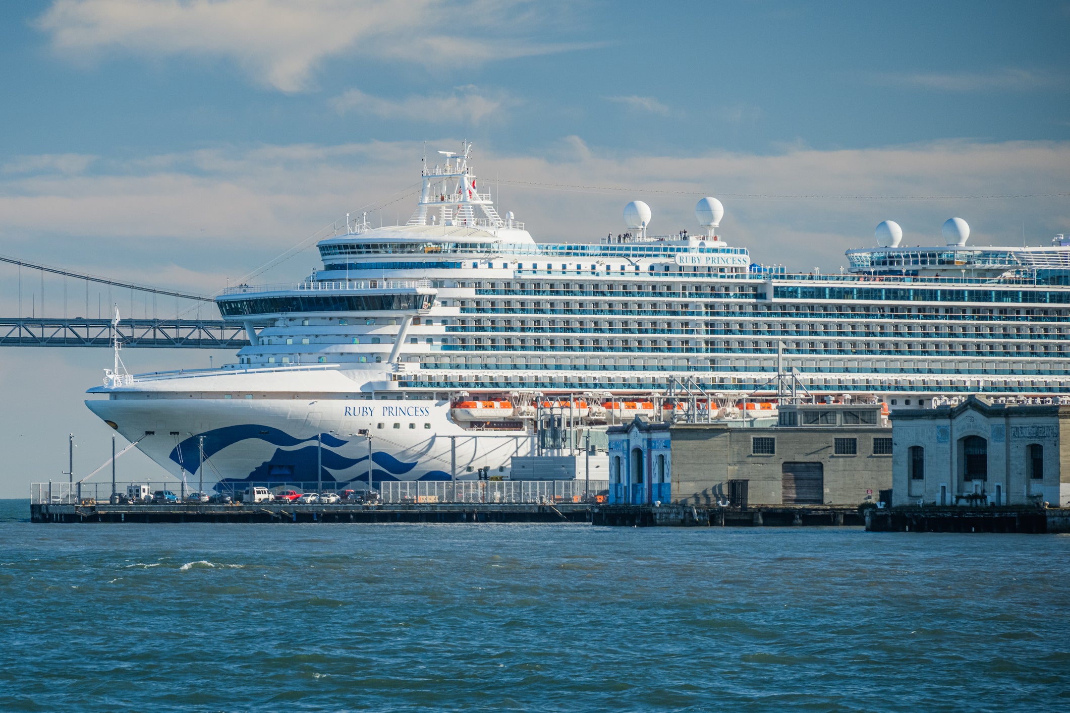 Ruby Princess docked in San Francisco. A 72-year-old man is believed to have died after falling overboard