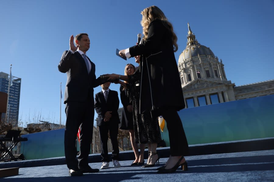 Daniel Lurie is sworn in as Mayor in San Francisco on Wednesday, January 8, 2025. (Photo by Gabrielle Lurie/San Francisco Chronicle via Getty Images)