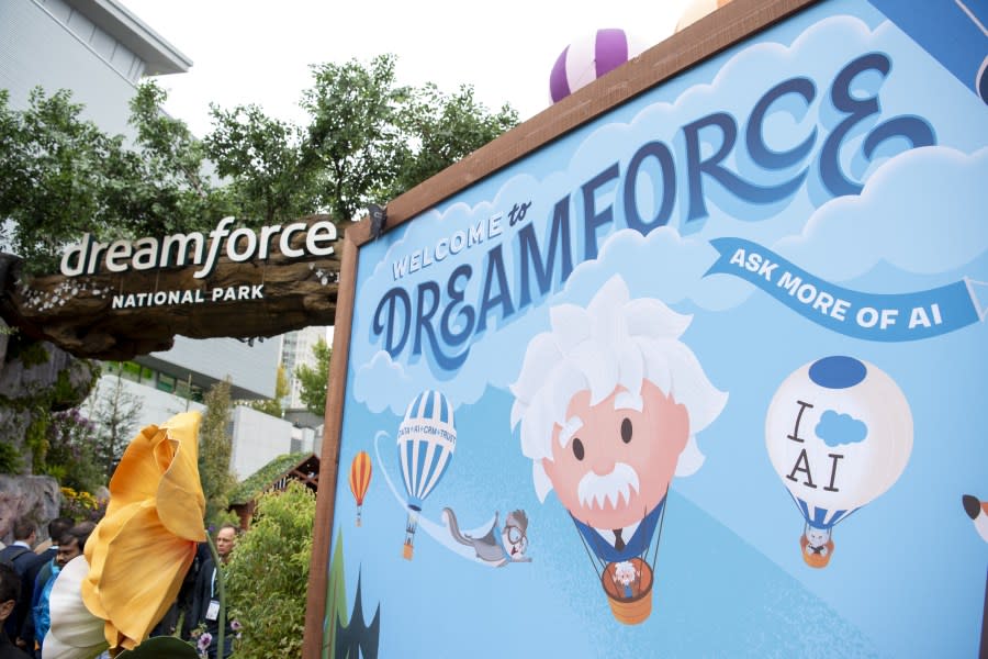 Dreamforce conference signage in San Francisco is seen on Tuesday, Sept. 12, 2023. (Photographer: Marlena Sloss /Bloomberg via Getty Images)