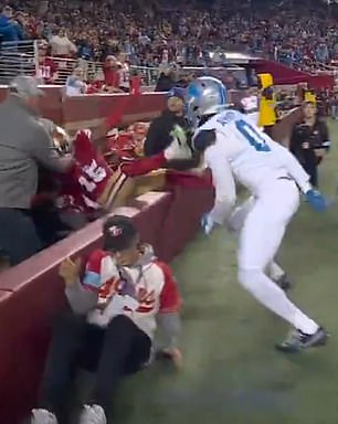 49ers receiver Jauan Jennings was shoved into the crowd by Lions safety Kerby Joseph