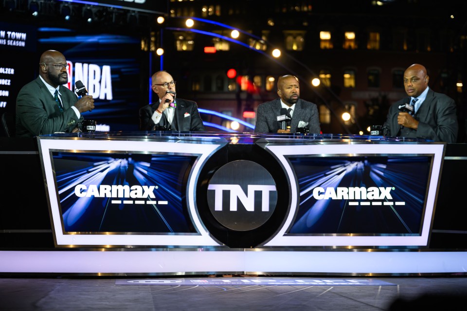 Boston, MA - October 22: Shaquille O'Neal, Ernie Johnson Jr., Kenny Smith, and Charles Barkley during a live presentation of 