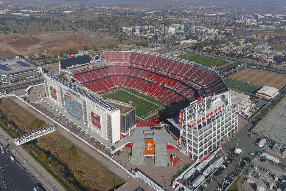 Aerial view of Levi's Stadium with the San Francisco 49ers logo on the field.