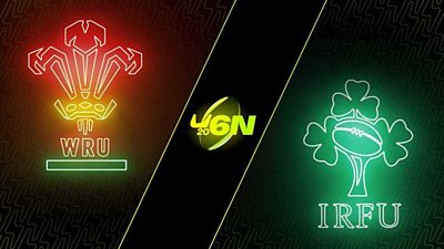 neon images of Wales Rugby and Ireland Rugby logos. U6N 20 in neon in the middle in a rugby ball