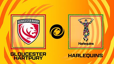 Gloucester Rugby and Harlequins rugby logos on a yellow and orange background