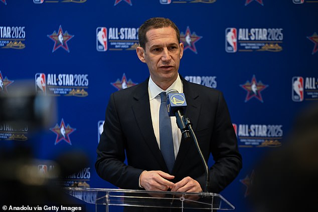 Daniel Lurie delivers remarks at the beginning of 2025 NBA All-Star Weekend in San Francisco