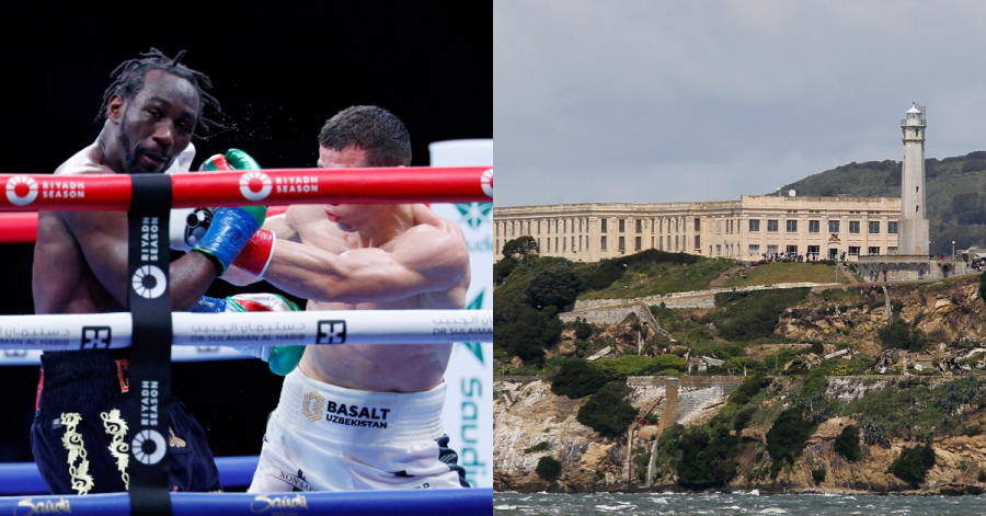 LEFT: Israel Madrimov (R) lands a punch against Terence Crawford during the 12th round at BMO Stadium on August 3, 2024 in Los Angeles. (Photo by Kevork Djansezian/Getty Images) RIGHT: A boat passes in front of Alcatraz Island on April 7, 2011 in San Francisco, United States. (Photo by Justin Sullivan/Getty Images)