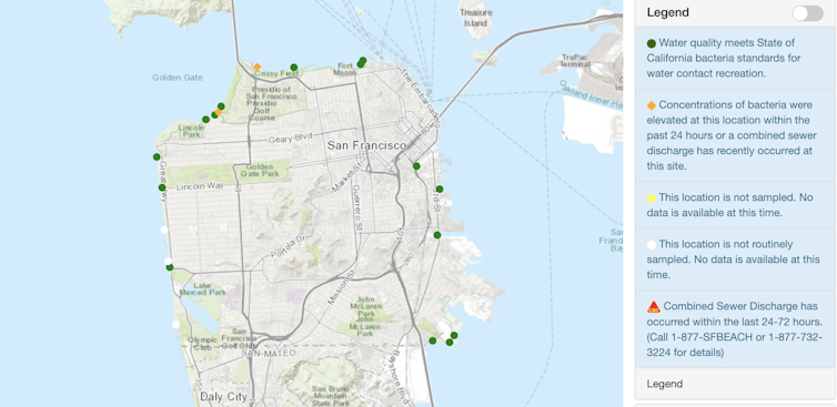 Map of the San Francisco peninsula with 17 water monitoring sites marked.